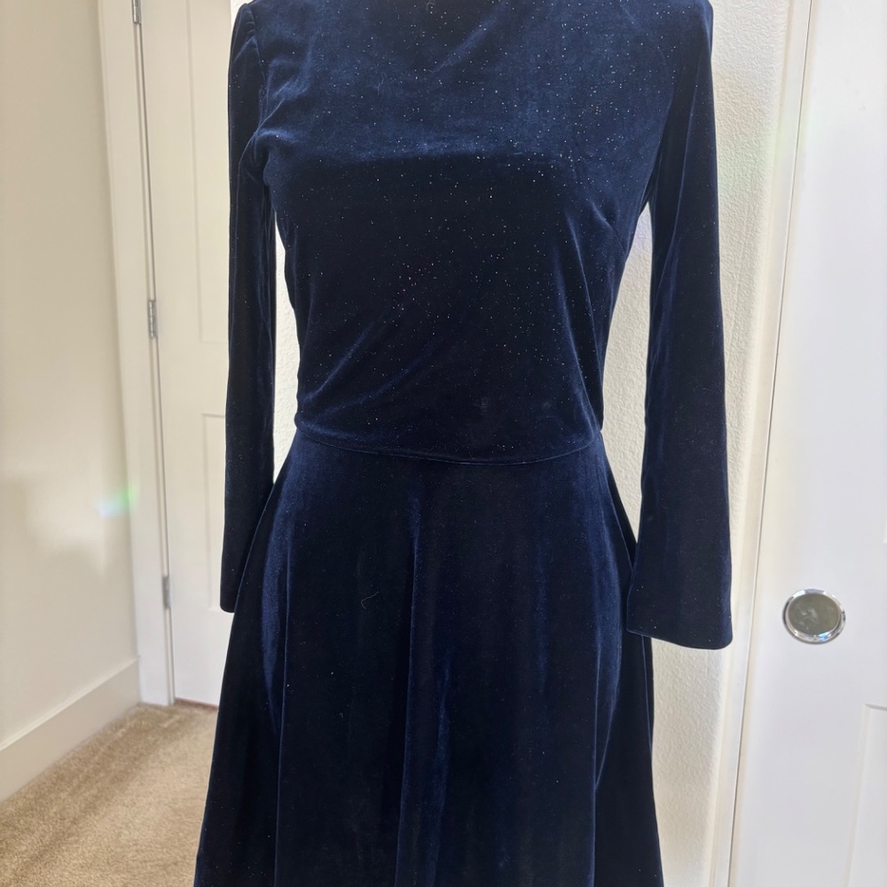 Zara Midnight Blue Velvet Dress with Subtle Sparkle - Picture 2 of 4